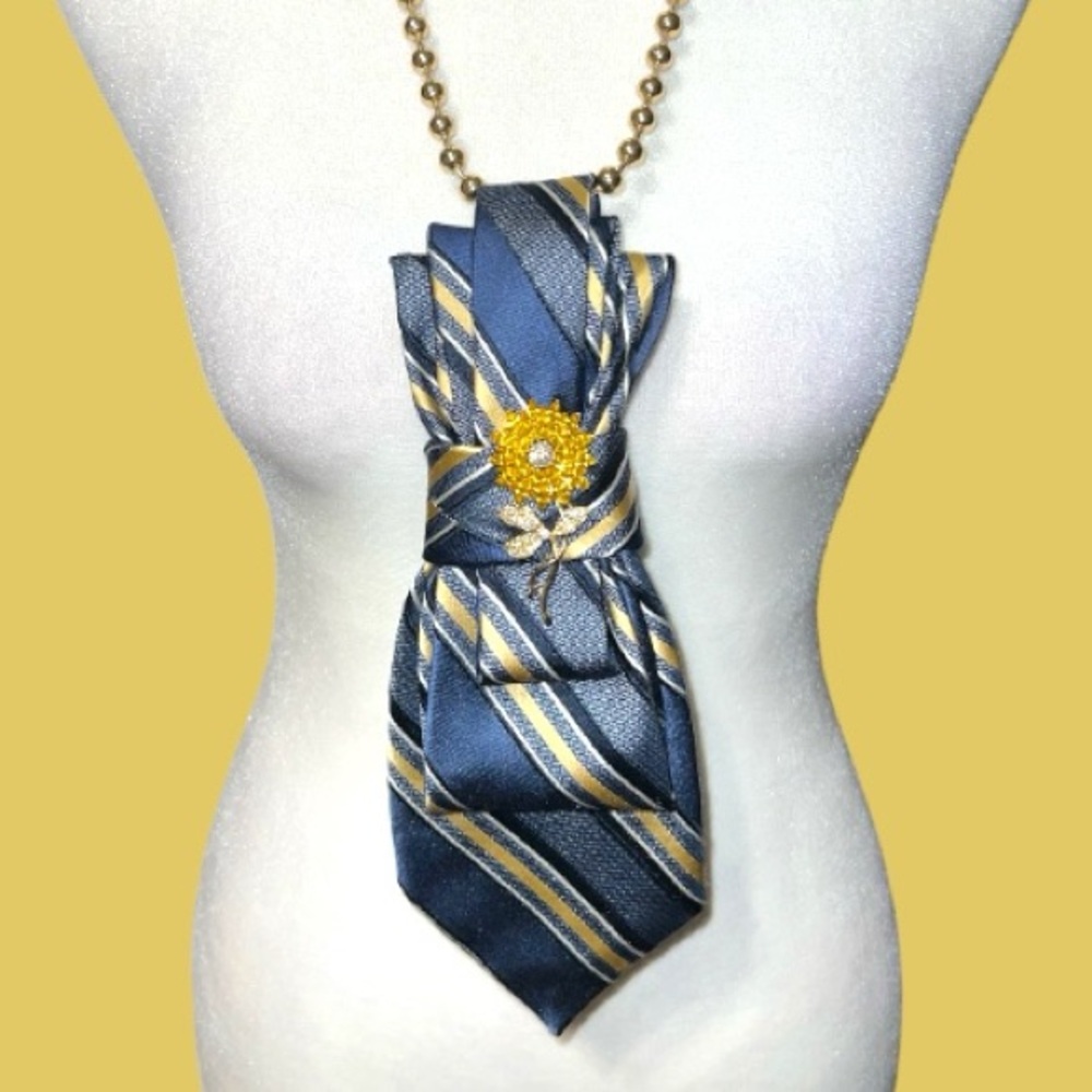 “Dainty Dapper”Elegant Blue and Gold Striped Tie necklace with dandelion brooch